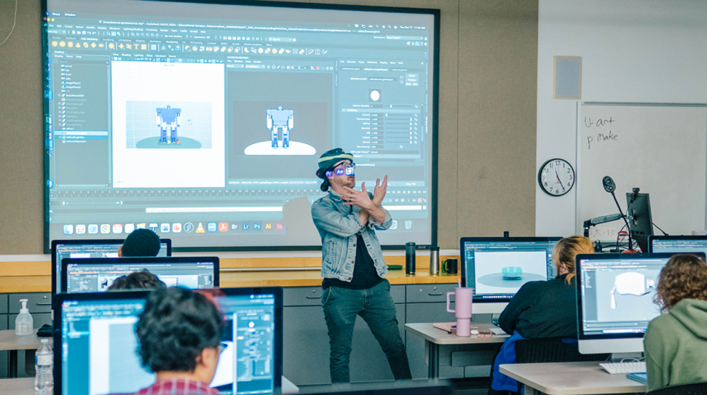 A professor lectures in the new animation lab at UNCG's School of the Arts building